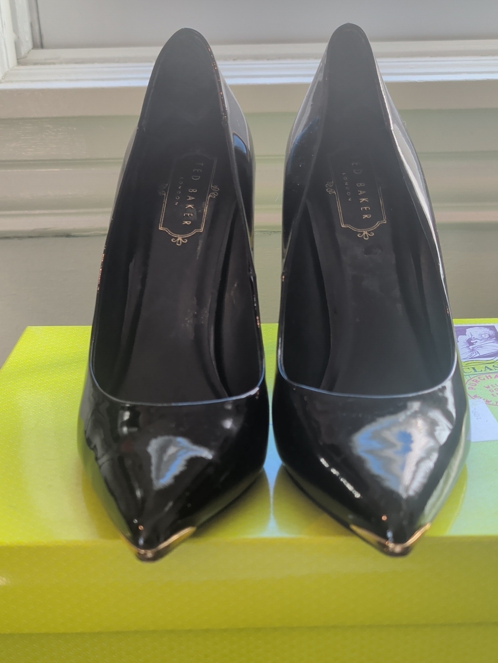 Ted Baker Black Patent Pointed Toe Pumps with Gold Toe Trim